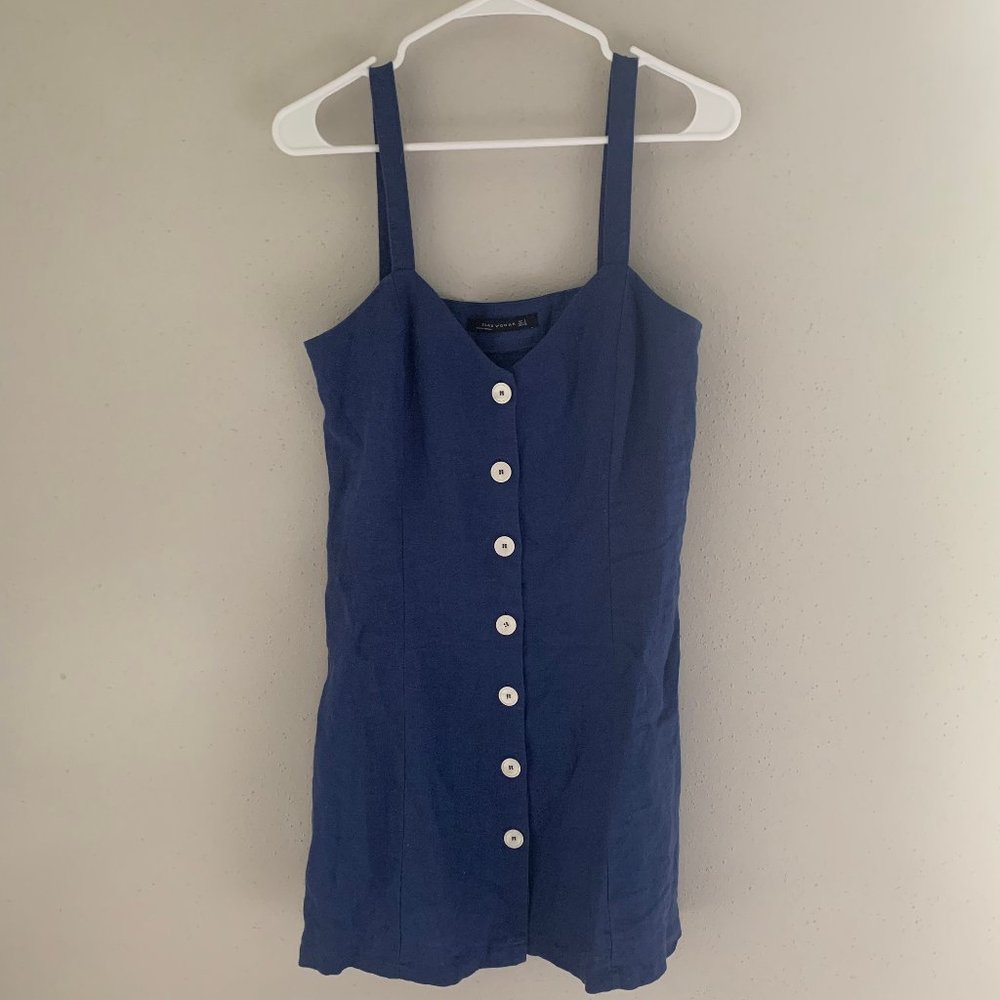 Blue Linen Sleveless Thick Strap Mini Summer Dress